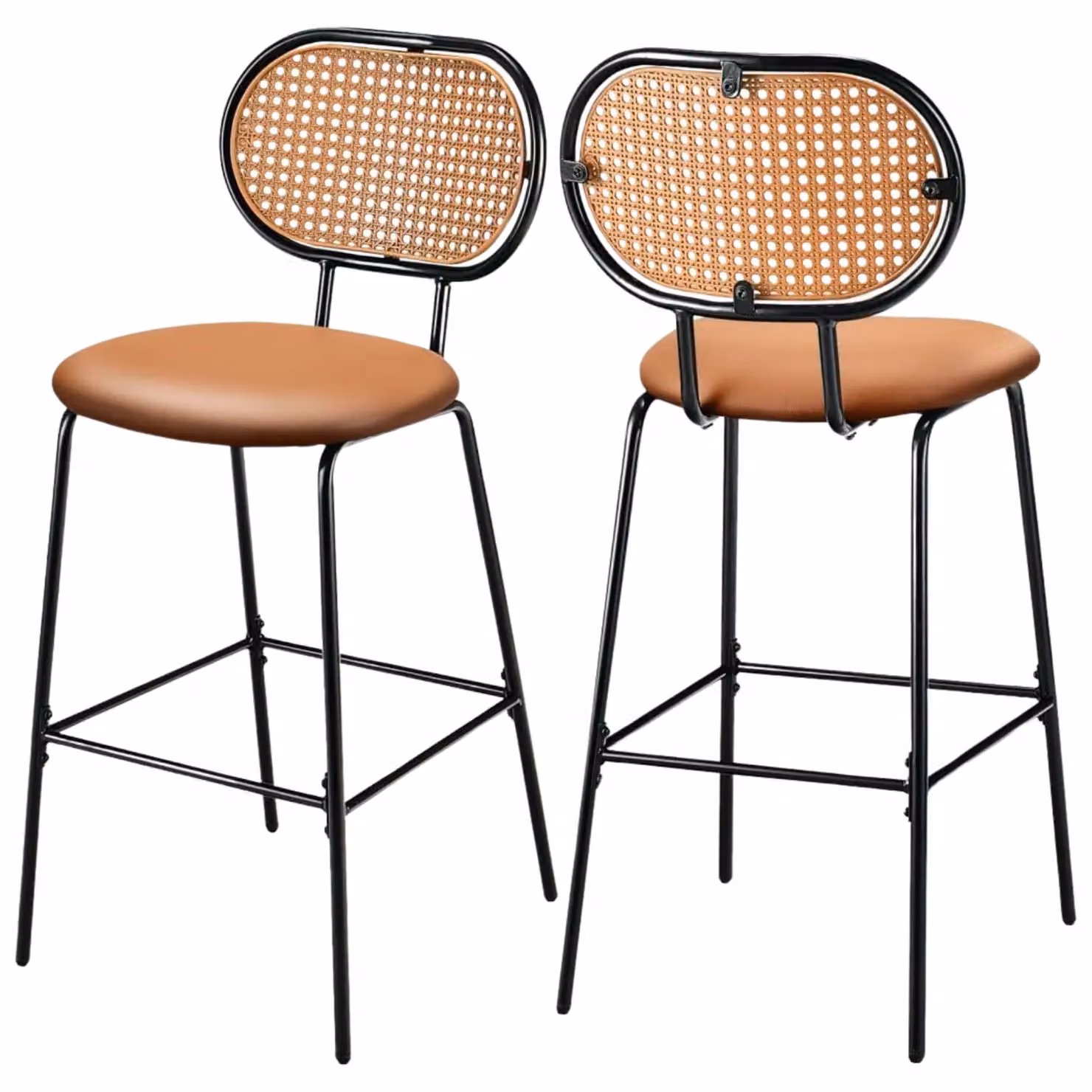 Rafaelo Mobilia Set of 2 Brown Faux Leather Bar Stools with Rattan Back – 3