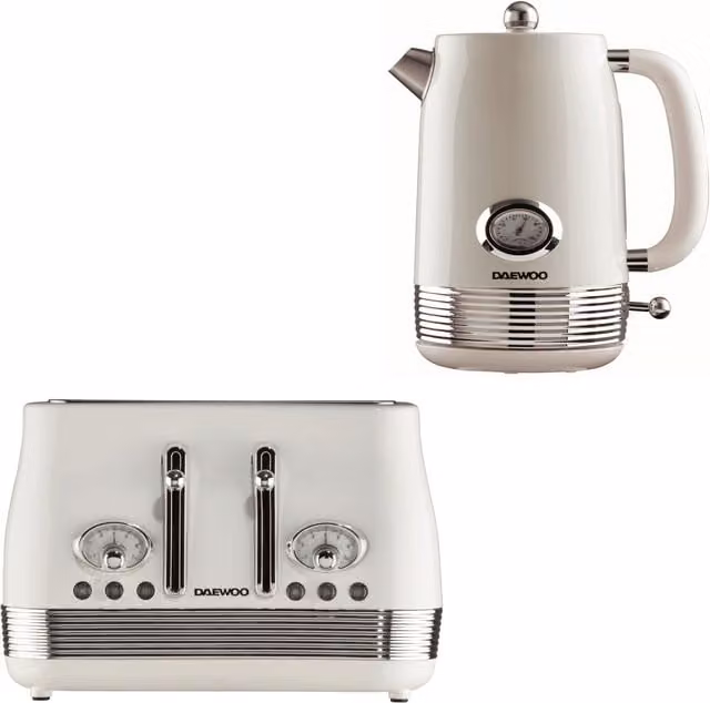 Daewoo Denver Retro Kettle and 4 Slice Toaster Set in Cream