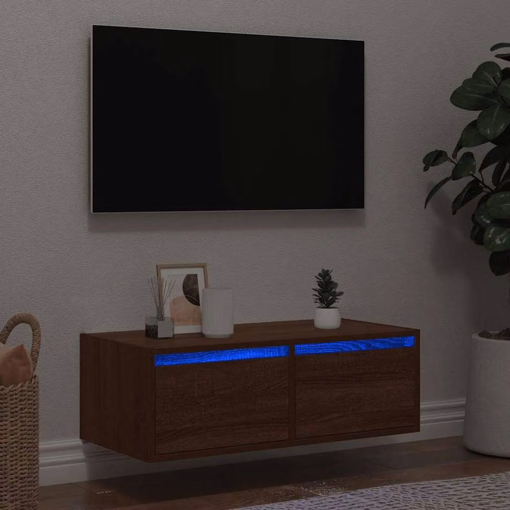 Berkfield Home Modern TV Cabinet with LED Lights in Brown Oak, W: 75 cm, D: 35.5 cm, H: 25 cm – 2