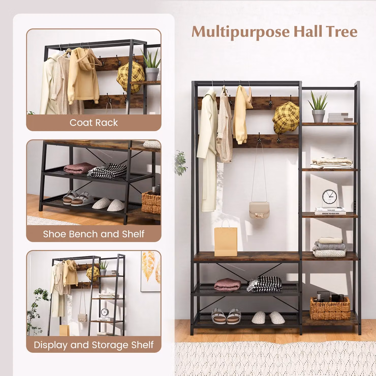 Costway Industrial Hall Tree with Storage Bench and 9 Hooks in Brown – 4