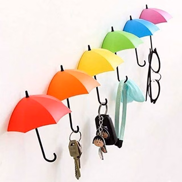 Set of 6 Self Adhesive Plastic Wall Key Hooks in Multicolour with 3M Adhesive