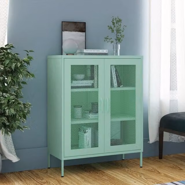 Berkfield Home Green Steel Storage Cabinet with Glass Doors W/D/H: 80 x 35 x 101.5 cm