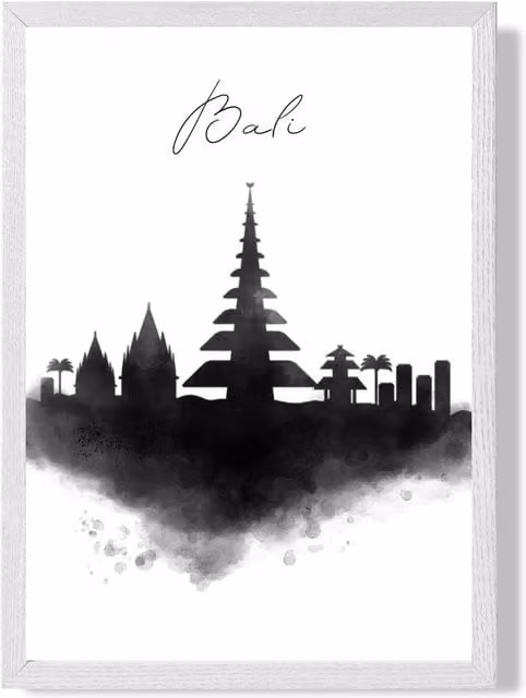 ARTZE Bali Watercolour Skyline City Framed Print, Black and White, A2 – 1