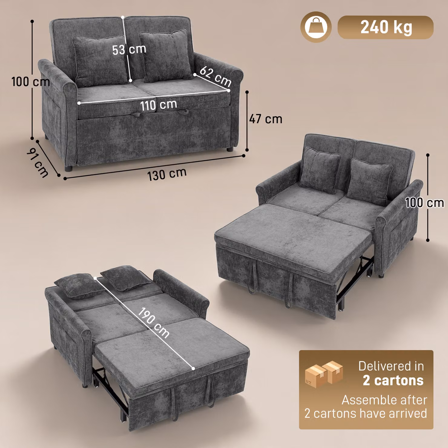 HOMCOM 2 Seater Convertible Chenille Sofa Bed in Grey with 5-Position Adjustable Backrest and Pull Out Sleeper Function, 140 x 190 cm – 3