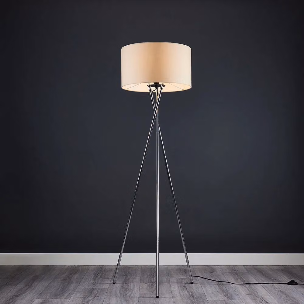 ValueLights Camden Polished Chrome Tripod Floor Lamp with Natural Fabric Drum Shade and Bulb – 2