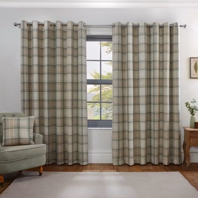 Divante Green Checked Country House Blackout Fabric Panel Curtains with Eyelets, Height: 229 cm