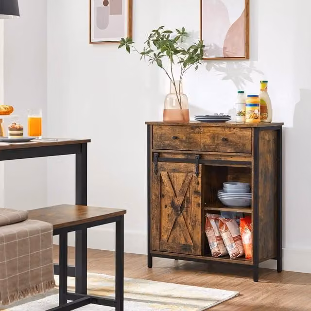 VASAGLE Industrial Storage Cabinet and Sideboard with Drawer and Sliding Door in Brown – 1