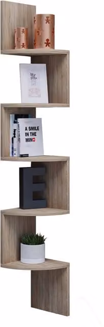 VCM Mintis Rustic Oak Wood Corner Wall Shelf for CD and DVD Storage – 1