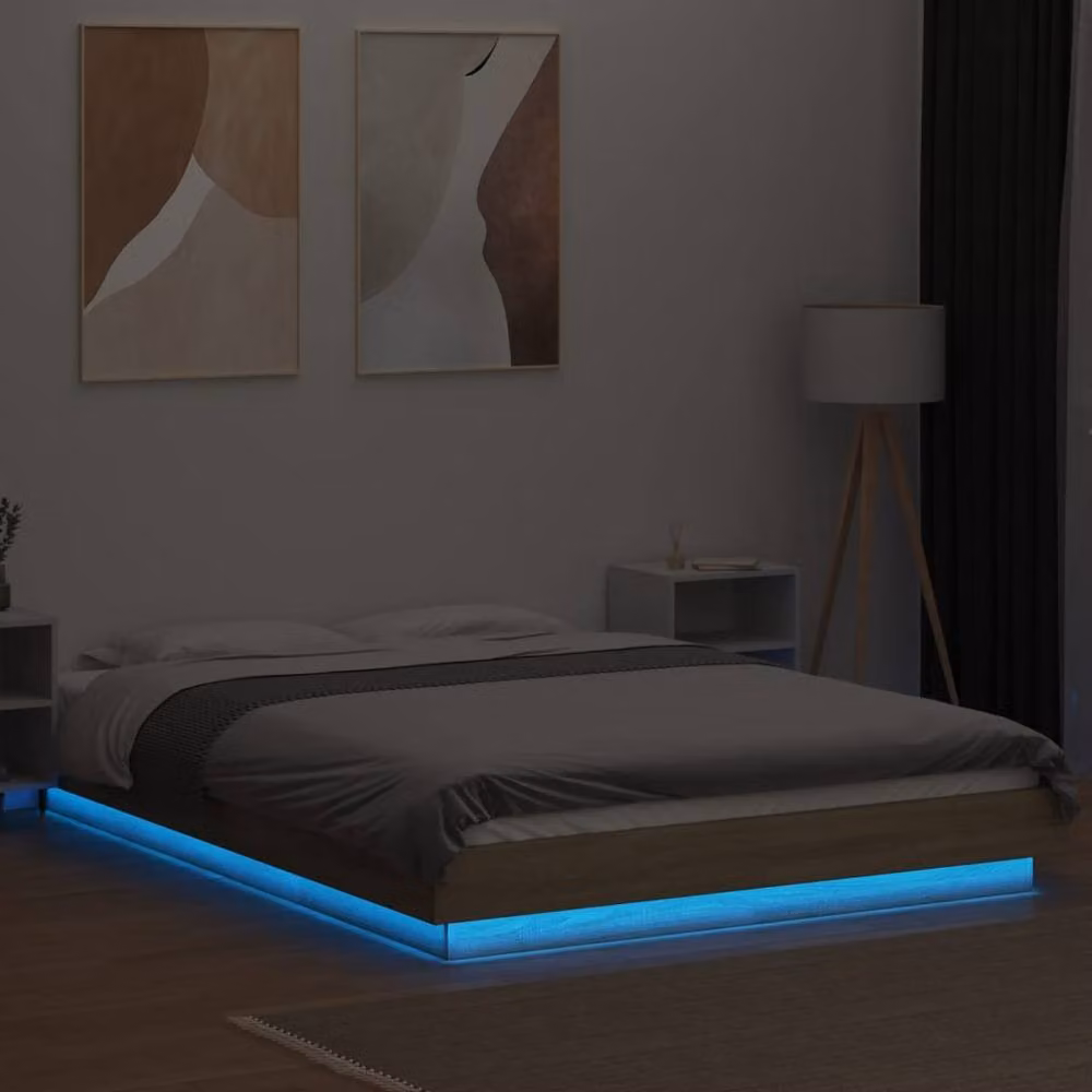 Berkfield Home Durable Bed Frame with Under-Bed LED Lights in Sonoma Oak, W/D/H: 140 x 190 cm – 3