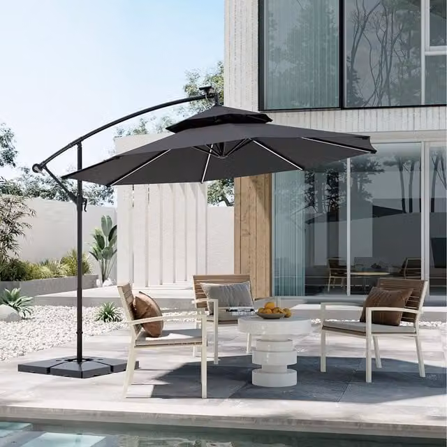 Komore Solar-Powered Cantilever Parasol with LED in Dark Grey Polyester and Metal