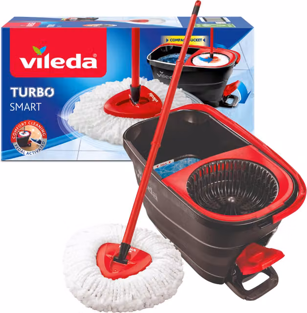Vileda Turbo Smart Spin Mop and Bucket with Microfibre Wringer in Red