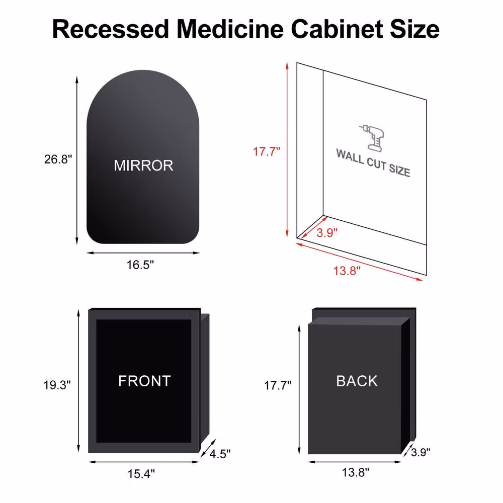 KEEPREAPER Modern Black Matt Bathroom Mirror Cabinet with LED Lighting, Sensor Switch and Glass Shelves – 3