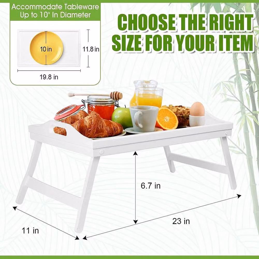 Mantraraj White Bamboo Breakfast Bed Tray Table with Handles and Foldable Legs