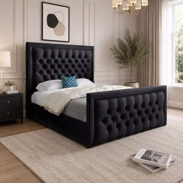 Casani Sidford Modern Upholstered Designer Bed Frame in Black Velvet, W/D/H: 90 x 190 x 137 cm