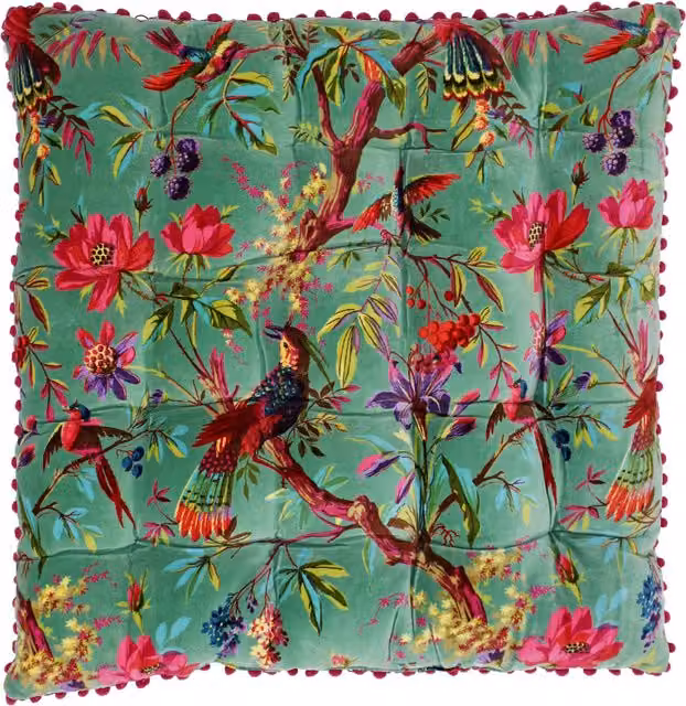 Paradise Ethnic Floral Cotton Velvet Floor Cushion in Blue Turquoise