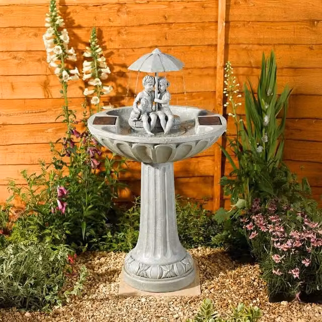 Primrose Solar Umbrella Water Feature and Bird Bath in Light Grey, Height: 82 cm – 1