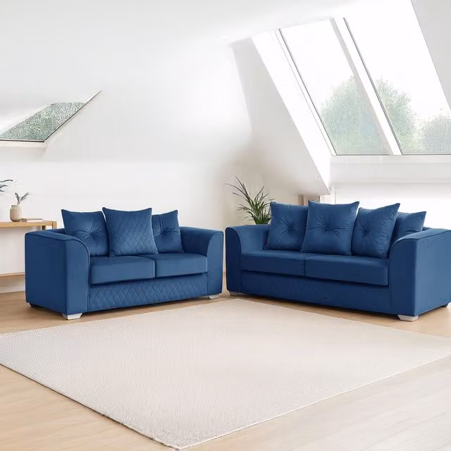 Furnishings For Less UK Victoria Soft Plush Velvet Fabric Sofa Set with 3 and 2 Seater Sofas in Blue – 1