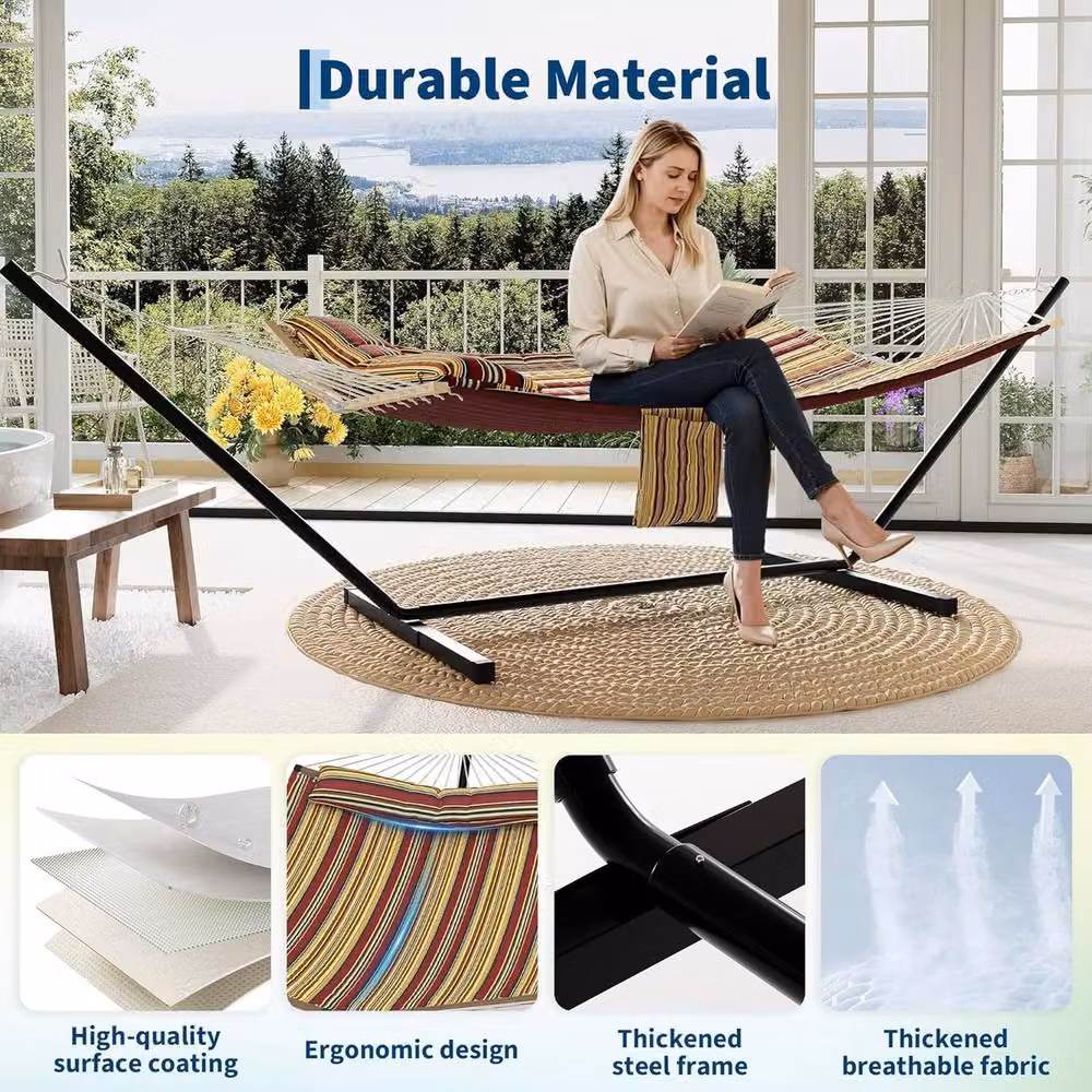 London Boutique Double Hammock with Stand and Multicolour Striped Cushions – 3