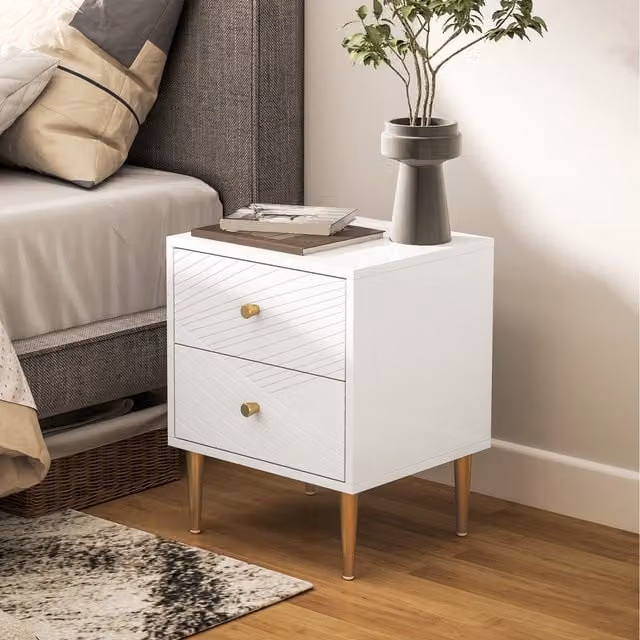 HOMCOM Modern White and Gold Bedside Table with Curved Line Panels