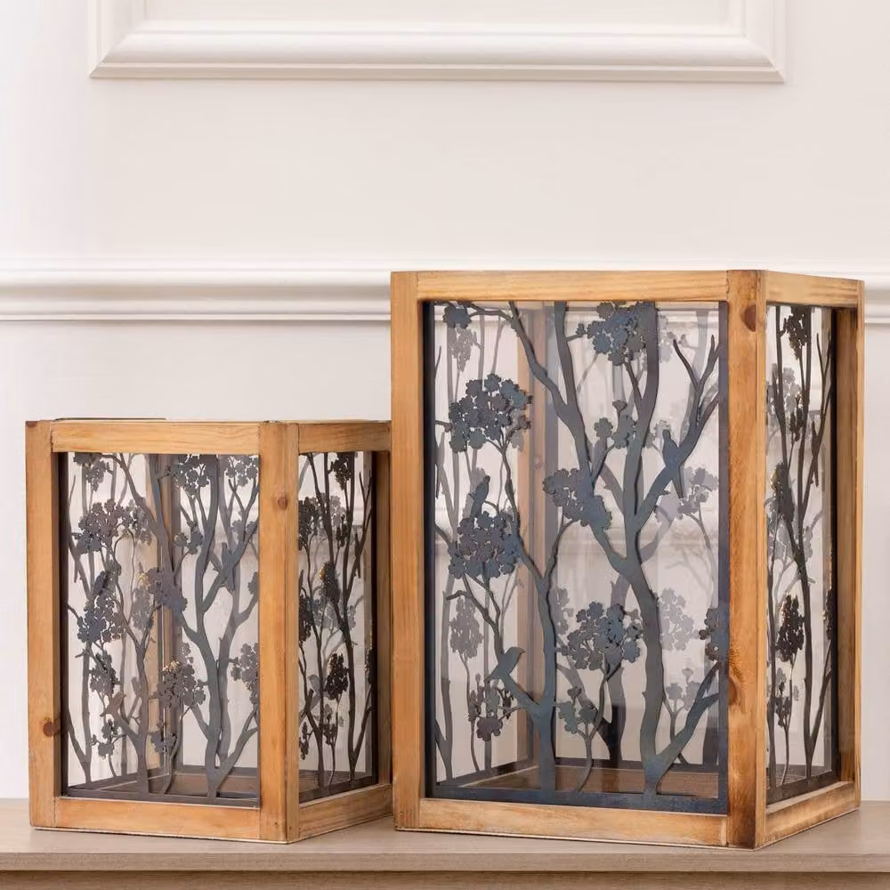 Voyage Maison Paloma Set of 2 Floral Wooden Tabletop Lanterns in Brown and Beige – 2
