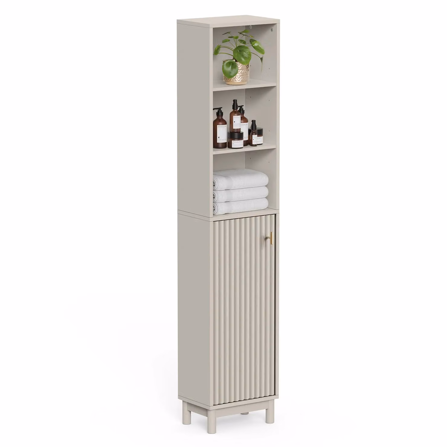 VonHaus Victoria Freestanding Slim Tall Bathroom Storage Cabinet in Stone with Soft-Close Hinged Doors, H 165 x W 23 x D 34 cm – 2