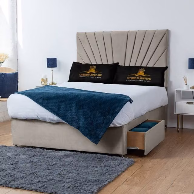 UK Bed Furniture Sunrise Divan Bed with 4 Drawers and 26 Inch Headboard in Light Beige, Size: Super King (200 x 200 cm)