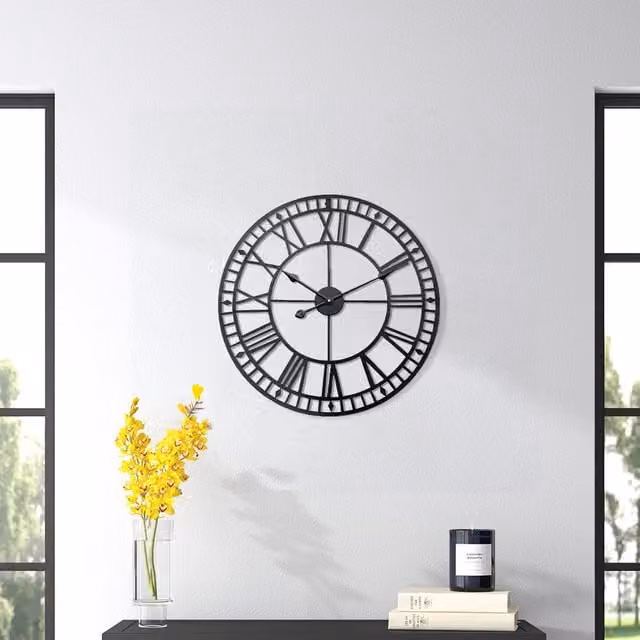 Lifeideas Retro Round Metal Roman Numeral Analog Wall Clock in Black