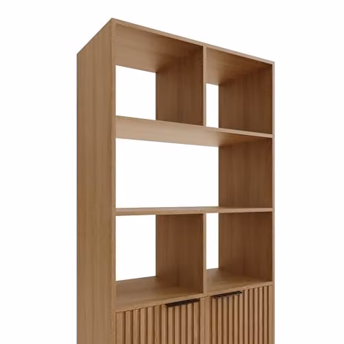 GFW Nervata Modern Asymmetric Bookcase with Shelves, Cabinet Storage and Ribbed Detailing in Brown – 3