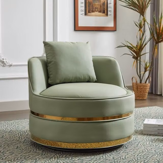 Matteo Modern Green Synthetic Leather 360 Swivel Barrel Accent Chair with Gold Trim