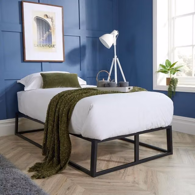 Home Source Modern Metal Platform Bed Frame in Black, W/D/H: 90 x 190 cm