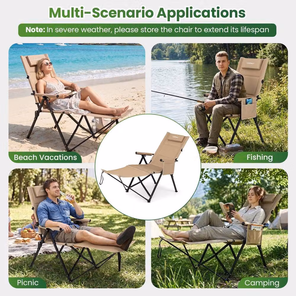 Costway 2-in-1 Reclining Camping Chair with Footrest and Adjustable Headrest in Beige – 9