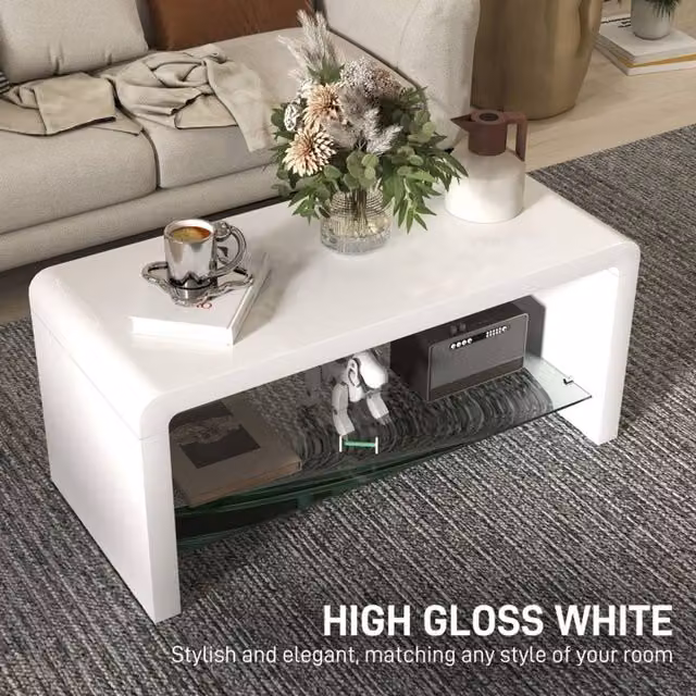 STILVORA Modern Gloss White Rectangular Coffee Table with 2-Tier Shelf – 1