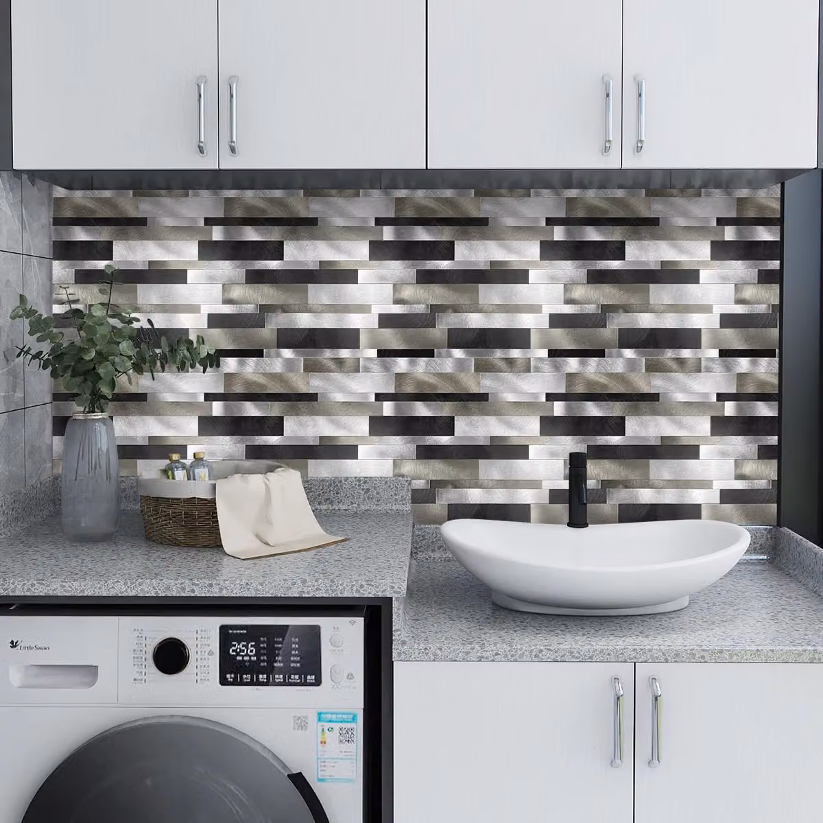 ENER-J Silver Metallic Peel and Stick Aluminium Wall Tiles, Pack of 4, W: 303 mm, D: 297 mm, H: 4 mm – 6