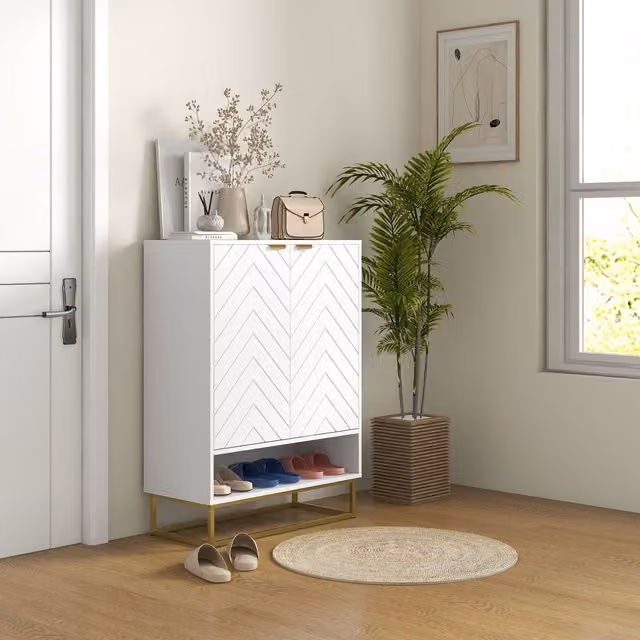 HOMCOM Modern White Shoe Storage Cabinet with Hinged Doors, Open Shelf and Ventilation – 1