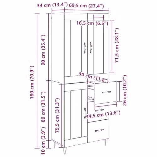 vidaXL Modern Black Oak Highboard with Hinged Doors and Internal Shelves, W/D/H: 69.5 x 34 x 90 cm – 3
