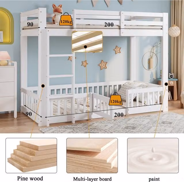 NECHE White Lacquered Solid Pine Bunk Bed for Children with Fall Protection and Railings, W/D/H: 90 x 200 cm