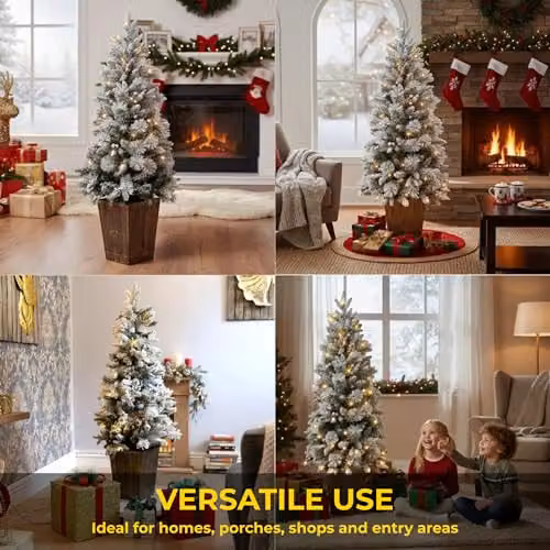Shatchi 1.2m Pre-Lit Snow Flocked Potted Christmas Tree with 80 Warm White LED Lights, Pine Cones and Red Berries in White and Red – 6