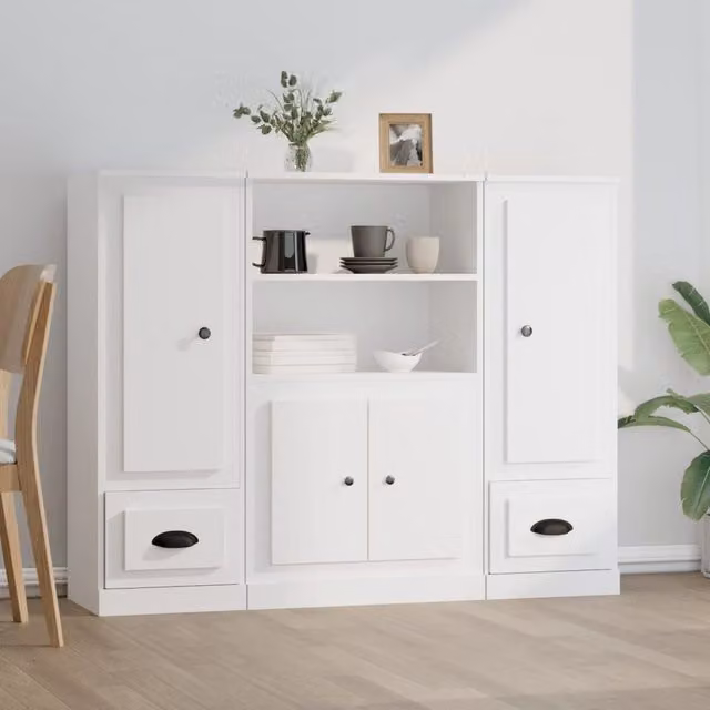 Berkfield Home Set of 3 White Matt MDF Wall-Mounted Highboards with Hinged Doors and Internal Shelves