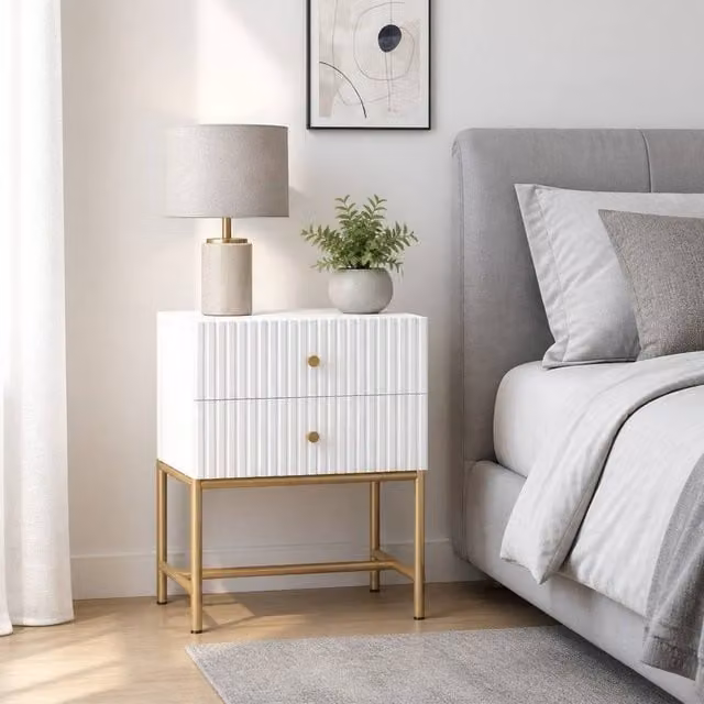 STILVORA Modern Bedside Table with 2 Drawers and Gold Metal Legs in White – 1