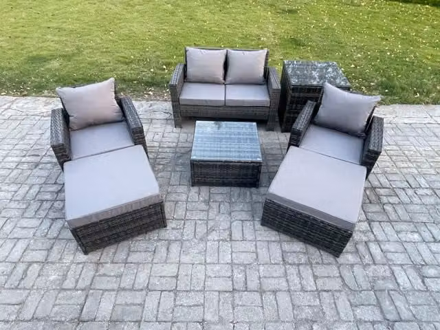 Fimous Rattan Wicker Garden Furniture Set in Dark Grey with 2 Seater Sofa, Armchair, Coffee Table and Ottoman