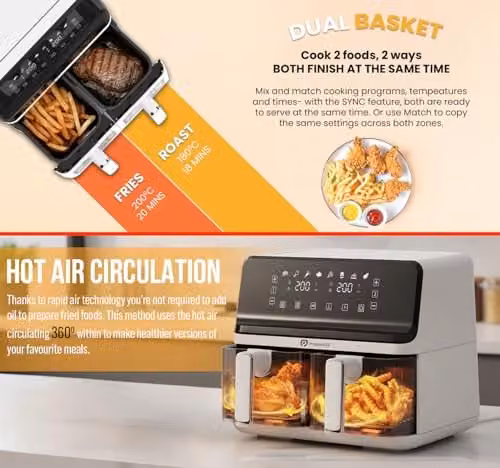 PureMate 9L Dual Basket Air Fryer in White with Digital Display and 2500W Power – 4
