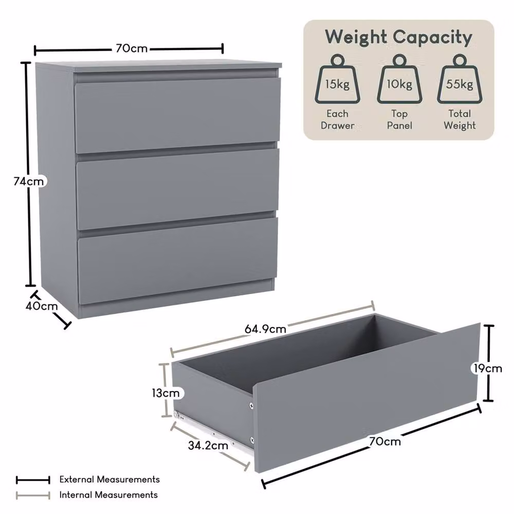 NESTLUNE Grey 3 Drawer Chest of Drawers Storage Cabinet W/D/H: 100 x 15 x 15 cm – 2