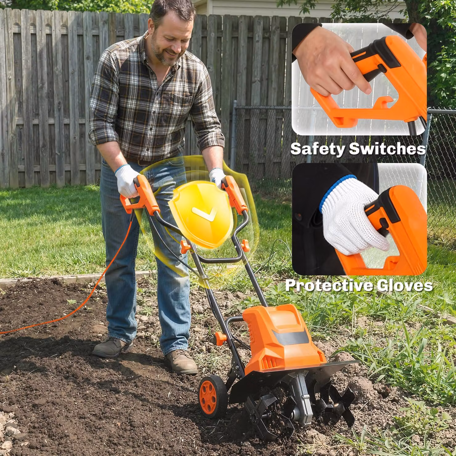 Outsunny 1500W Electric Garden Tiller in Orange with Foldable Handle, 40cm Working Width, 20cm Tilling Depth and 6 Steel Blades – 8