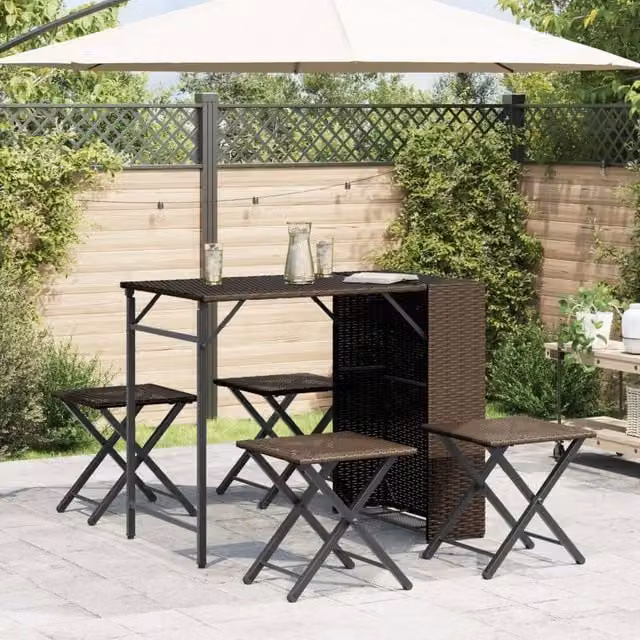 Berkfield Home Beautiful 5 Piece Foldable Garden Dining Set in Brown Poly Rattan – 1