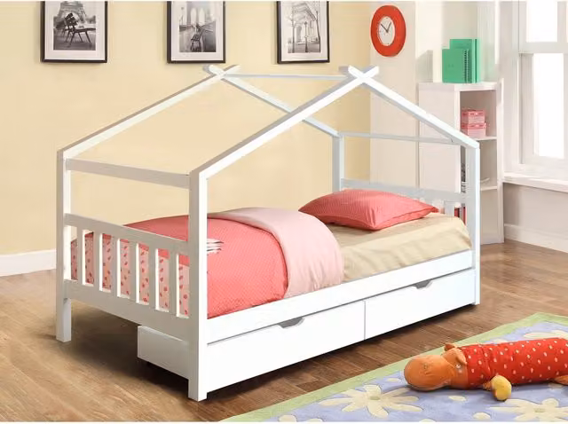 Comfy Living White Solid Wood Childrens House Storage Bed with Drawers W/D/H: 90 x 190 cm