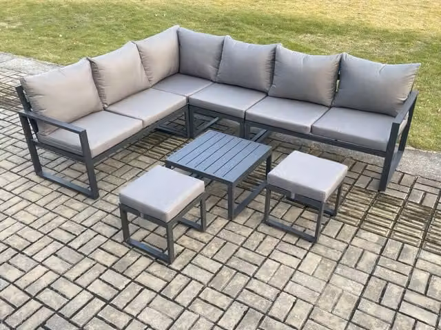 Fimous 8 Seater Aluminium Garden Furniture Set with L-Shape Corner Sofa, Coffee Table and 2 Ottomans in Anthracite Grey