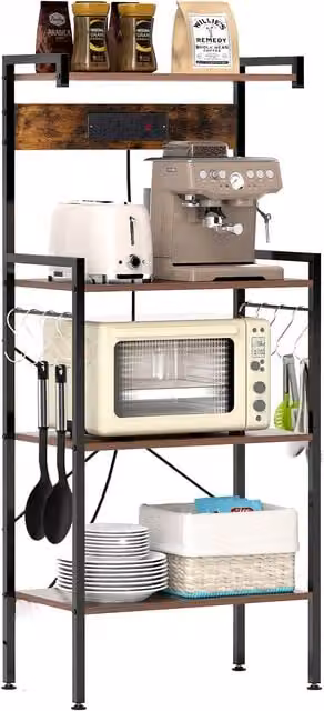 Gymax 4-Tier Bakers Rack and Microwave Stand with Power Outlet in Brown – 1