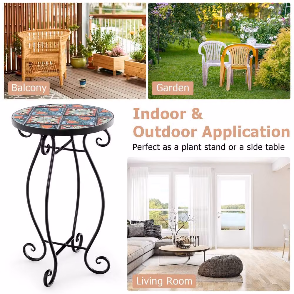 Costway Mosaic Round Outdoor Side Table with Multicolour Floral Ceramic Top and Metal Frame – 7