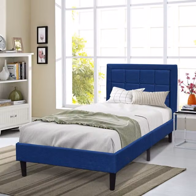 Comfy Living Upholstered Fabric Bed Frame with Buttoned Headboard in Grey and Blue, W/D/H: 90 x 190 cm