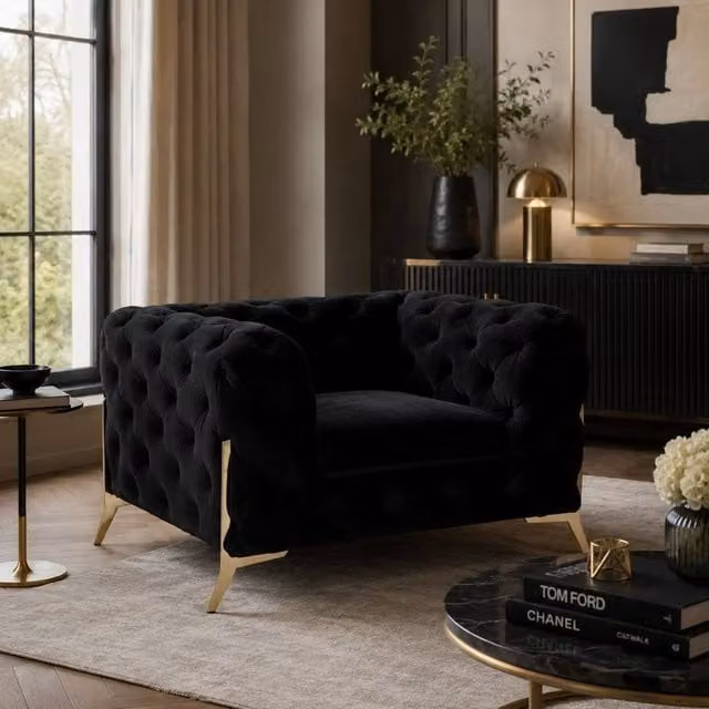 Stratus Interiors Black Plush Velvet 1 Seater Italian Chesterfield Sofa – 1